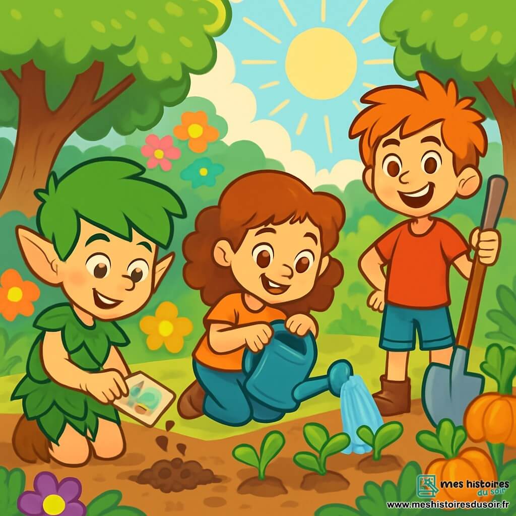 Léo, un lutin joyeux aux cheveux verts et aux oreilles pointues, plante des graines dans un jardin ensoleillé, souriant avec enthousiasme. Il porte une tunique en feuilles et des bottes en cuir, ses yeux brillants de curiosité. À ses côtés, Emma, une fillette aux cheveux bouclés, arrose les jeunes pousses, rayonnant de fierté. Hugo, un garçon énergique avec des cheveux en bataille, tient une pelle, son sourire malicieux illuminant son visage. Le jardin, entouré de fleurs colorées et de grands arbres, est rempli de légumes en pleine croissance, créant une ambiance de camaraderie et de joie. Les enfants travaillent ensemble avec enthousiasme pour créer leur jardin communautaire, symbole d'amitié et de partage durant les vacances d'été.