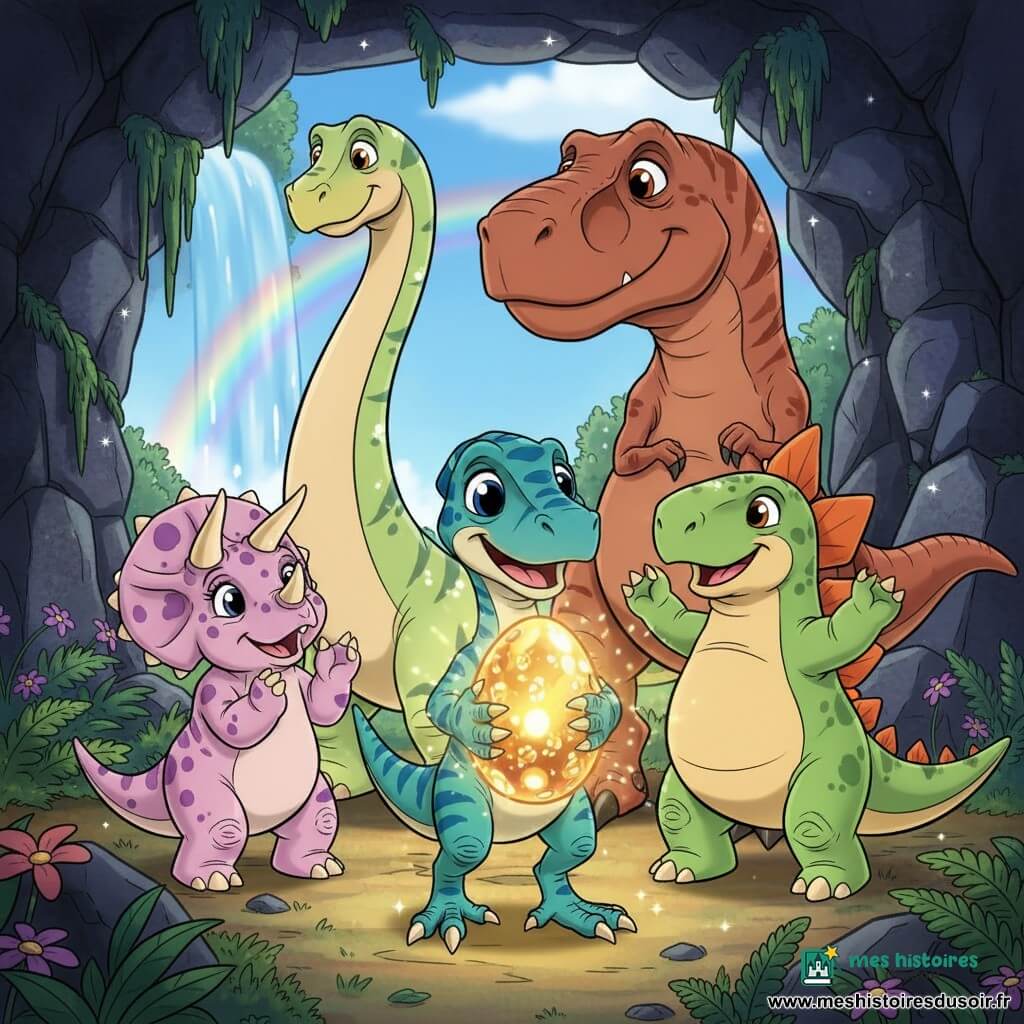 Raptorino, petit vélociraptor joyeux aux plumes rayées vertes et bleues, tient un grand œuf doré scintillant; derrière lui un T‑Rex imposant mais serein veille, à gauche Trixie la tricératops rose pâle sourit et applaudit, à droite Spike le stégosaure aux plaques orange lève la queue et Écho le diplodocus au long cou observe bienveillant; scène festive au bord d'une grotte aux pierres scintillantes, fougères et fleurs, cascade lointaine projetant des arcs‑en‑ciel, ambiance chaleureuse, couleurs vives, style cartoon années 90 aux poses dynamiques.