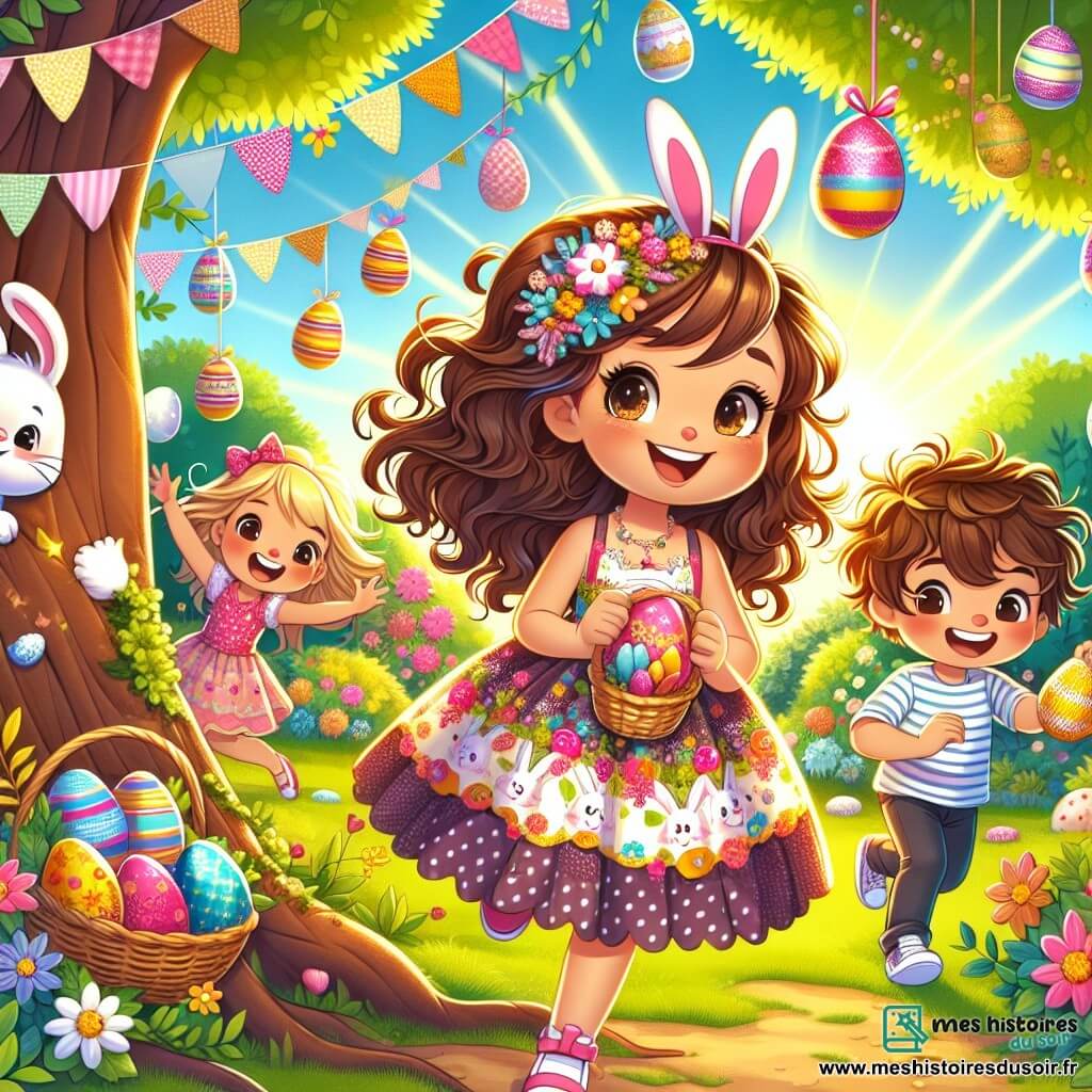 Célestine, une fille de 8 ans aux cheveux bruns et bouclés, porte une robe colorée avec des motifs de lapins et de fleurs. Elle sourit largement, les yeux pétillants d'excitation en tenant un panier en osier rempli d'œufs en chocolat. À ses côtés, Lucas, un garçon de 8 ans aux cheveux blonds en bataille, rit en montrant un œuf en chocolat rose. Emma, une fille de 7 ans aux cheveux longs, est accroupie près d'un arbre, cherchant un œuf caché derrière les racines avec une expression concentrée. Le jardin est coloré, avec des guirlandes en papier, des fleurs en plastique et des lapins en chocolat. Le soleil brille dans un ciel bleu, créant une ambiance joyeuse. Célestine et ses amis sont en pleine chasse aux œufs de Pâques, courant et riant tout en découvrant des surprises dans leur jardin enchanté.