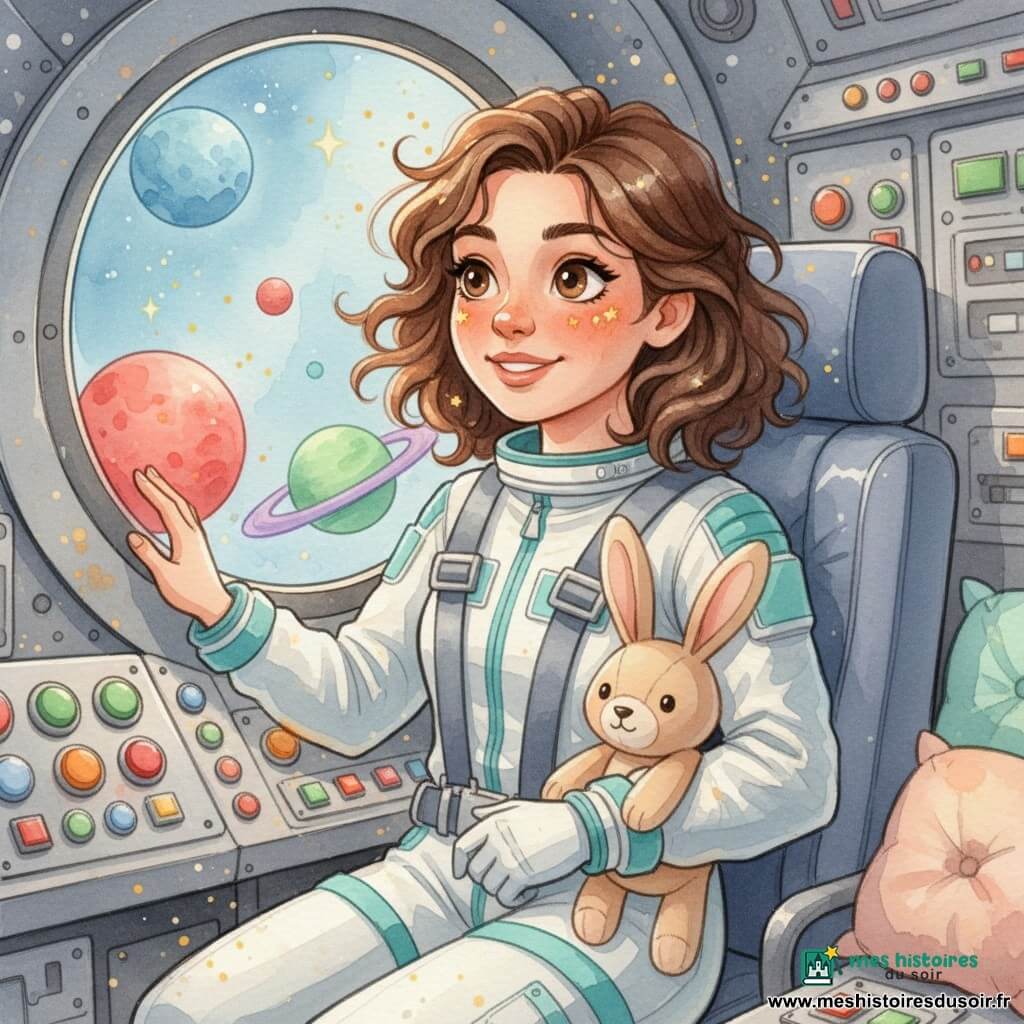 Jeune femme d'environ 25 ans, émerveillée et souriante, cheveux bruns bouclés, en combinaison spatiale blanche à bandes turquoise et ceinture attachée, une main sur le hublot en regardant les planètes; de petites étoiles dorées se reflètent sur son visage; elle tient contre son bras droit un doudou lapin beige à une oreille tombante. Cockpit petit et convivial aux panneaux ronds et boutons colorés, textures métal poli et coussins pastel; par le hublot une planète bleue, une rouge et une verte aux anneaux violets, étoiles scintillantes; ambiance poétique, lumière douce, contrastes de bleus profonds et touches chaudes, contours légèrement flous et effets aquarelle.