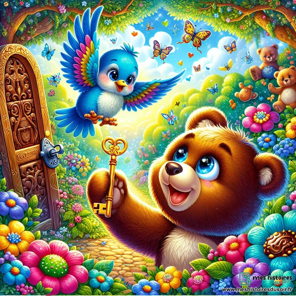 Un ours en peluche brun et doux, avec de grands yeux brillants, se tient devant une porte en chocolat, l'air émerveillé, tenant une clé dorée. Un oiseau bleu vif vole au-dessus de lui, chantant joyeusement. Le jardin enchanté est rempli de fleurs colorées, de papillons multicolores et d'arbres majestueux. L'ours, enthousiaste, s'apprête à ouvrir la porte vers un monde merveilleux, entouré par la magie de la nature.