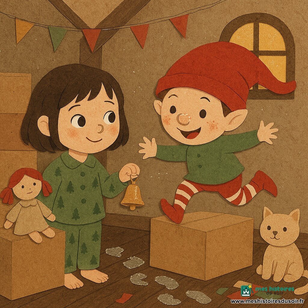 Fille de 6 ans aux yeux brillants et sourire timide, cheveux courts bruns, en pyjama vert à petits sapins, tenant une petite clochette dorée avec émerveillement; un lutin farceur à corps rond, bonnet rouge trop grand, chaussettes rayées et taches de farine sur le nez saute sur une boîte à côté d’elle; poupée en tissu et peluche-chat beige immobiles sur des cartons, entourées d’empreintes de bottes en papier. Le grenier chaleureux aux planchers foncés et à la lumière dorée filtrée par une petite fenêtre montre un chemin d’empreintes argentées menant vers la fenêtre, rubans et papiers cadeaux éparpillés; la scène évoque une découverte joyeuse et complice de la clochette. Style collage papier avec textures de papier découpé, bords irréguliers, couches superposées, couleurs vives, ombres simples et contours nets.