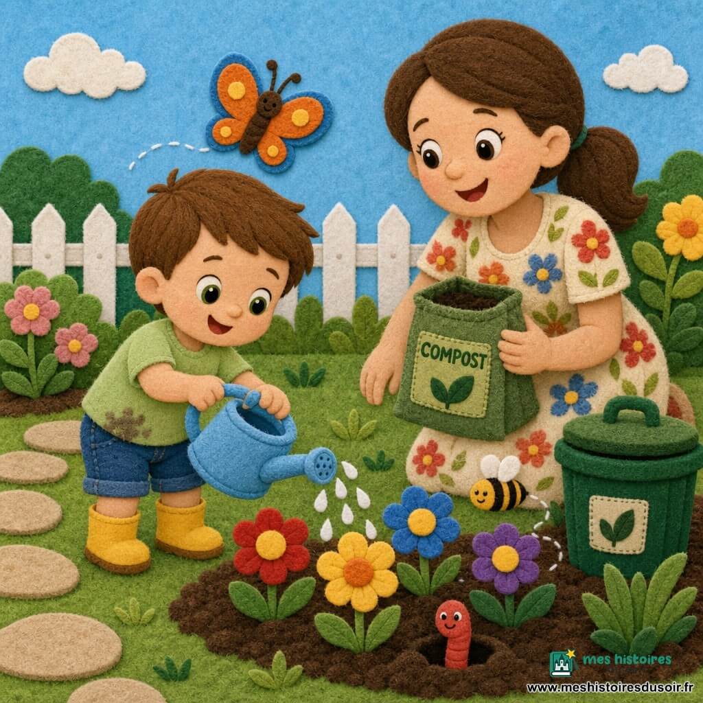 Un garçon de 2 ans souriant arrose des fleurs dans un jardin en feutrine aux couleurs vives, cheveux châtains courts, t-shirt vert clair taché, short en jean et bottes jaunes, tenant un arrosoir bleu ciel, tandis que sa mère d'environ 30 ans, robe à fleurs et queue de cheval, lui montre comment arroser en tenant un petit sac de compost près d'une poubelle ; un papillon orange et bleu, une abeille rayée et un ver de terre rouge souriant complètent la scène douce, joyeuse et pédagogique avec pelouse texturée, parterre de fleurs rouges, jaunes et bleues, chemin en dalles beiges, petite barrière blanche et ciel bleu pastel.