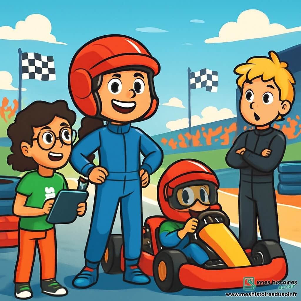 Trois personnages sont présents : Lina, une fille de 10 ans avec de longs cheveux bruns et un casque de karting rouge, est debout sur la piste, les mains sur les hanches, souriante et déterminée. Noémie, également âgée de 10 ans, a des cheveux courts et bouclés, porte des lunettes et un t-shirt vert, tenant une tablette et un outil, prête à aider. Hugo, un garçon de 11 ans avec des cheveux blonds en bataille, porte une combinaison de karting noire et un casque bleu, se tient en retrait, les bras croisés, admirant Lina. Le circuit de karting est vibrant, avec des pneus en arrière-plan, des drapeaux à damier et des spectateurs applaudissant. Lina et Noémie sont prêtes à commencer la course, Lina au volant de son kart, affichant confiance, tandis que Noémie lui donne des conseils. Hugo semble impressionné par leur esprit d'équipe.