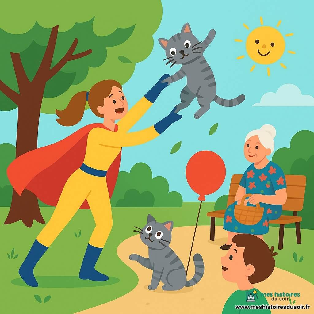 Une jeune super-héroïne joyeuse et un peu maladroite en cape rouge, combinaison jaune et bottes bleues, cheveux châtain clair en queue de cheval, étire son bras élastique pour attraper Minou, un chat gris rayé perché sur une branche basse, tandis qu’un garçon d’environ 6 ans aux cheveux bruns et T-shirt vert, tenant un ballon rouge, la regarde émerveillé depuis le sentier et que Madame Dupont, voisine âgée en robe à fleurs, chignon blanc, rit en tenant un panier assise sur un banc ; le tout dans un parc simple et coloré (grand arbre au feuillage rond, pelouse, buissons, chemins en terre), ciel bleu clair et soleil souriant, ambiance lumineuse, tendre et comique, formes simples et couleurs vives.