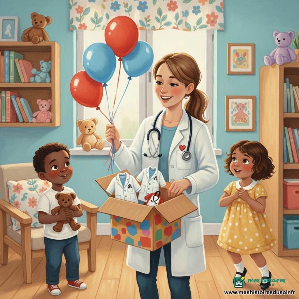 Femme médecin souriante d'une trentaine d'années, cheveux châtain clair en queue de cheval, blouse blanche avec broche cœur et stéthoscope, ouvrant une grande boîte colorée d'où s'échappent ballons rouges et bleus et déguisements ; à droite une fille d'environ 6 ans aux boucles brunes en robe jaune à pois blancs saute d'émerveillement, à gauche un garçon d'environ 6 ans aux cheveux courts bruns et t-shirt vert serre timidement son ours près d'un fauteuil ; petite salle lumineuse façon maison-clinique aux murs bleu pastel, étagères avec livres et peluches, fenêtre à rideau fleuri et parquet clair ; scène de surprise joyeuse centrée sur la médecin et les enfants, lumière douce, couleurs vives et textures épaisses rappelant la peinture acrylique.