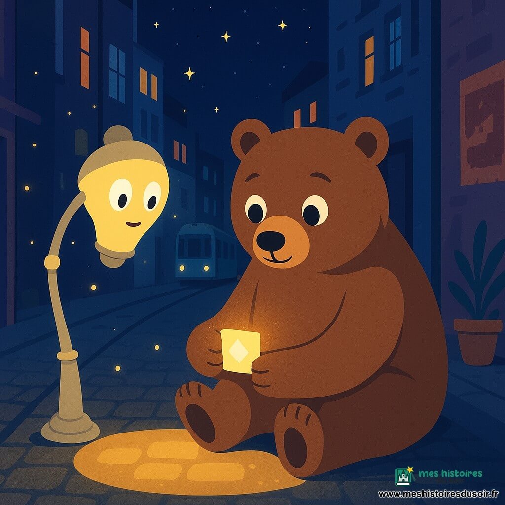 Un grand ours brun anthropomorphe, Miel-qui-écoute, au visage rond et regard doux, découvre une petite pièce carrée brillante tenue entre ses griffes pendant qu'un réverbère anthropomorphe crème, à gauche, penché vers lui et émettant une lueur dorée, semble la lui offrir en chuchotant; la scène nocturne se situe dans une ruelle aux pavés gris et façades à fenêtres mosaïquées, un tramway turquoise passe au loin, des lucioles flottent, un grand cercle de lumière dorée éclaire le sol sous l'ours et le réverbère et l'ambiance est mystérieuse mais chaleureuse, avec formes simples et couleurs plates.