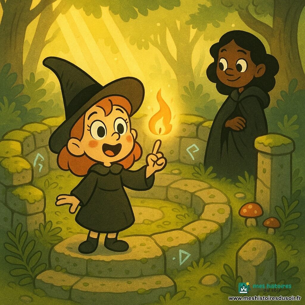 Lysia, apprentie sorcière de 6 ans aux grands yeux noisette et joues roses, tient un petit doigt levé avec une minuscule flamme dorée dansante, visage à la fois enthousiaste et un peu inquiète ; Ombeline, éclaireuse des ombres d’environ 8 ans à la peau sombre et cape noire, se tient en retrait, bras plié, observant et guidant Lysia. L’amphithéâtre circulaire de vieilles pierres couvertes de mousse, runes pâles gravées et végétation autour baigne dans des rayons de soleil dorés, créant une atmosphère douce, sécurisante et légèrement magique. Palette chaude et douce : jaunes dorés pour la flamme, verts moussus et bleus nuit subtils pour les runes, lignes rondes et textures simples pour un rendu enfantin et lisible.