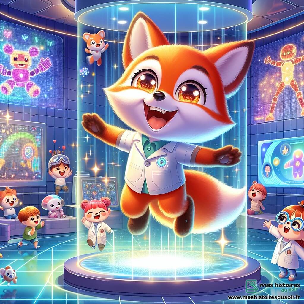 Un jeune renard aux yeux pétillants et à la fourrure orange vif flotte joyeusement dans les airs, souriant, entouré d'une douce lumière. Près de lui, une petite souris scientifique, avec des lunettes rondes et une blouse blanche, l'observe avec curiosité, tenant un gadget scintillant. Le décor se situe dans le Centre des Innovations Enfantines, un espace futuriste coloré avec des hologrammes animés, des robots dansants et des enfants jouant. La scène principale montre le renard volant dans une lumière magique, tandis que des enfants émerveillés flottent également, riant et s'amusant, créant une atmosphère de joie.