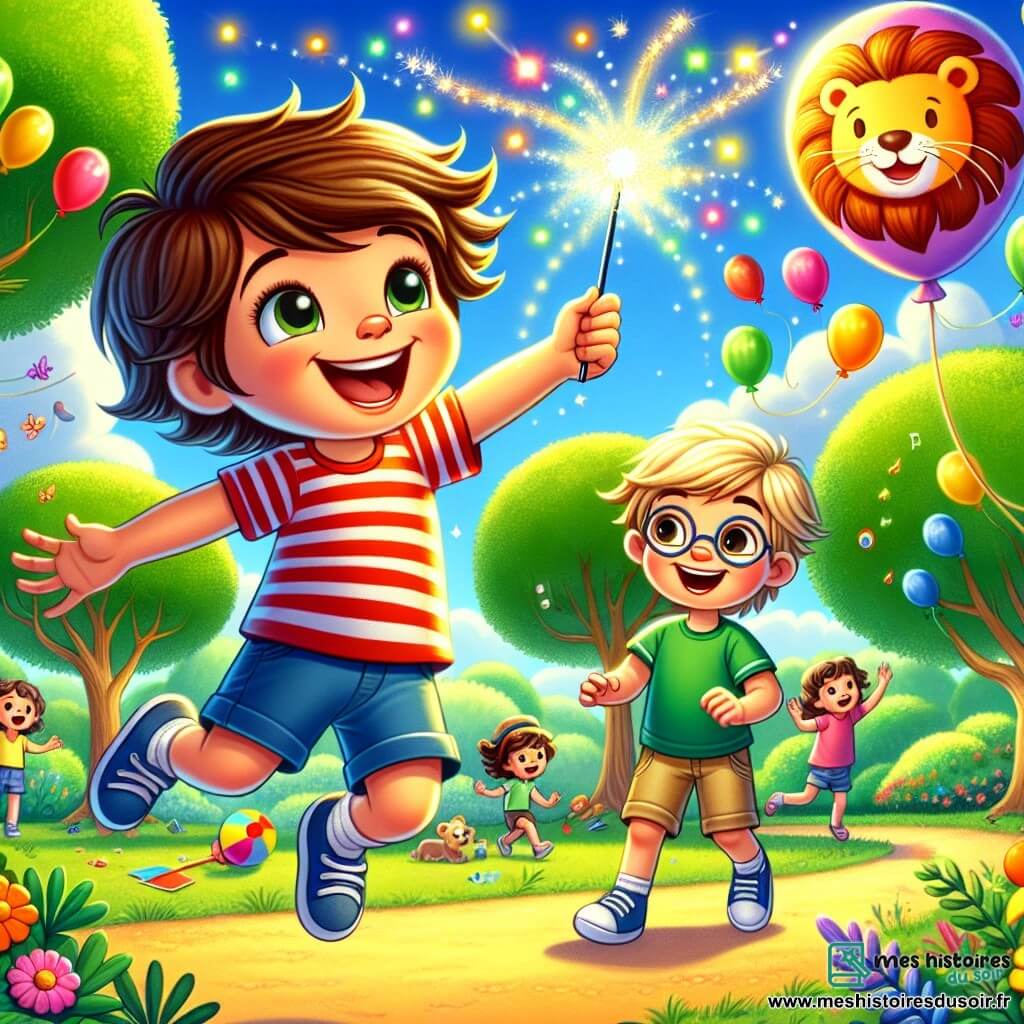 Un petit garçon de 6 ans nommé Tom, avec des cheveux châtains en bataille et un grand sourire, tient une baguette magique scintillante. Il porte un t-shirt rouge à rayures et un short bleu, sautant de joie, les yeux écarquillés. À côté de lui, son ami Léo, également âgé de 6 ans, aux cheveux blonds et lunettes rondes, admire la baguette magique tout en pointant un ballon en forme de lion flottant. La scène se déroule dans un parc ensoleillé, rempli d'arbres, de fleurs colorées et de ballons multicolores. Tom vient de faire danser les arbres autour de lui, tandis que Léo et d'autres enfants applaudissent, émerveillés par ce spectacle magique.