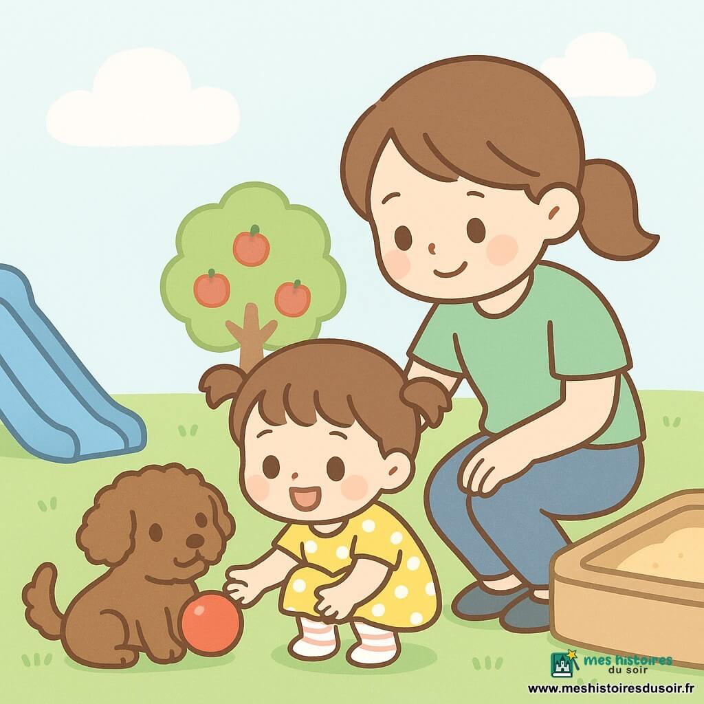 Une fillette de 2 ans, souriante, cheveux châtains courts en petits nœuds, en robe jaune à pois blancs et chaussettes rayées, s'accroupit pour tendre la main vers une petite balle rouge brillante tenue entre les pattes du petit chien brun Max aux poils bouclés qui remue la queue; derrière elle, sa mère d'environ 30 ans, en queue de cheval, t-shirt vert et jean, la soutient la main sur l'épaule; jardin simple avec herbe verte, toboggan bleu à gauche, bac à sable beige à droite et un pommier à quelques pommes rouges, lumière douce, ciel pastel à nuages en coton, scène centrée de découverte joyeuse aux couleurs vives et formes arrondies.