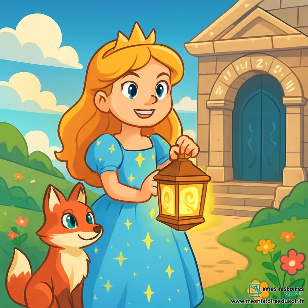La princesse Élodie, une jeune fille aux longs cheveux dorés et aux yeux pétillants, se tient au centre de la scène, souriante et déterminée. Elle porte une robe en satin bleu clair ornée de motifs d'étoiles et tient la Lanterne des Âmes, émettant une douce lumière dorée. À ses côtés se trouve Orion, un renard au pelage flamboyant et aux yeux émeraude, prêt à l'accompagner. Ils se trouvent dans la Vallée des Rêves, un paysage enchanteur avec des collines verdoyantes et des fleurs colorées. Devant eux se dresse le Temple des Échos, un ancien bâtiment aux murs ornés de runes scintillantes. Élodie, excitée et déterminée, se prépare à affronter les épreuves qui les attendent.