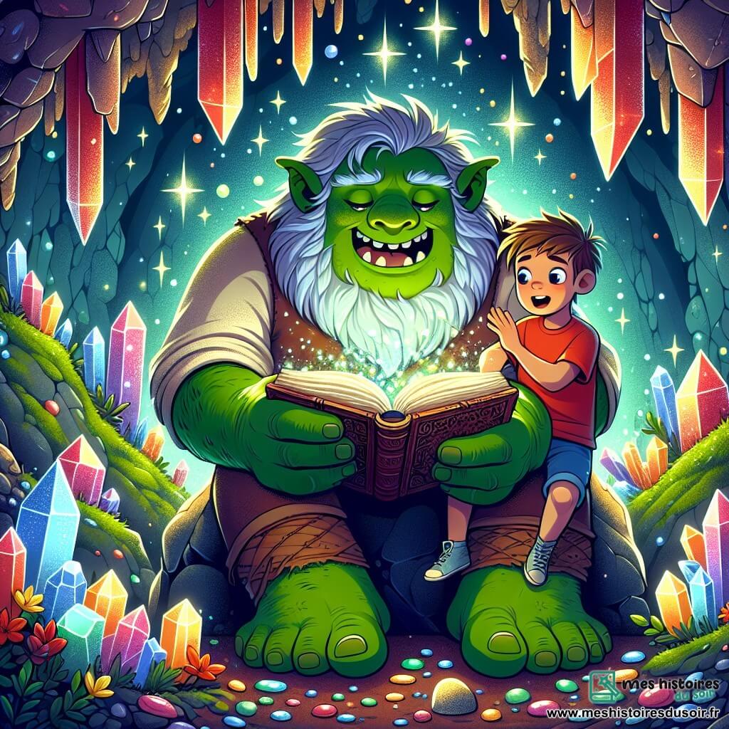 Un ogre nommé Grumble, avec une peau verte et des yeux pétillants, sourit en tenant un livre ancien, prêt à raconter une histoire. À ses côtés, Léo, un garçon de dix ans aux cheveux bruns en bataille, l'écoute avec émerveillement. Ils se trouvent dans une caverne magique aux murs tapissés de cristaux multicolores, créant une atmosphère féerique. Grumble et Léo partagent un moment d'amitié alors que l'ogre ouvre le livre pour raconter une histoire captivante.