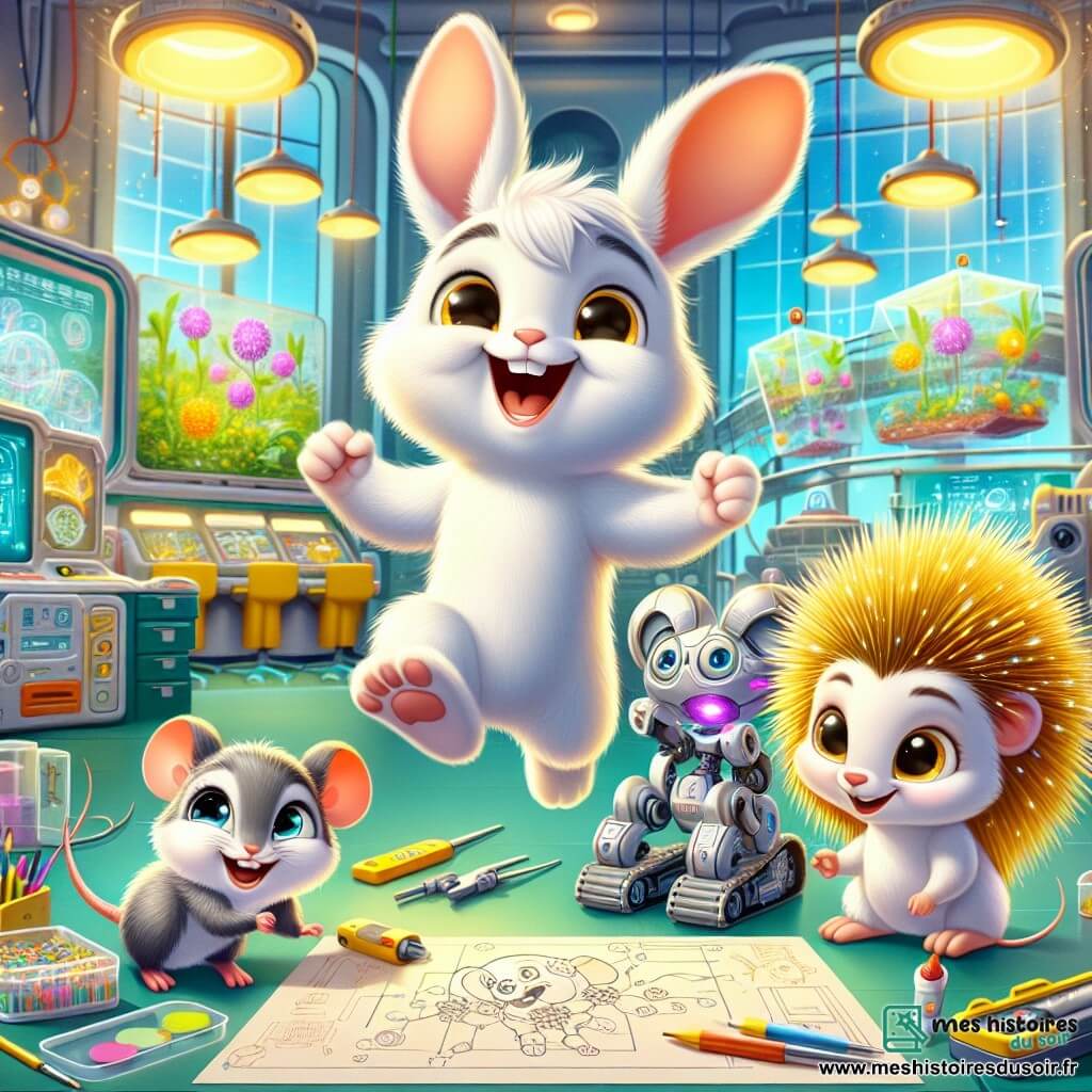 Un petit lapin nommé Léo, avec un pelage blanc et des yeux brillants, saute de bonheur dans un laboratoire futuriste. À ses côtés, Mia la souris, avec un pelage gris, sourit en tenant un outil. Un hérisson nommé Hugo, avec des piquants dorés, observe un plan de leur invention sur une table. Le laboratoire est rempli de gadgets colorés et de machines scintillantes, avec des jardins flottants à l'extérieur. Les trois amis travaillent ensemble sur un robot innovant, symbolisant leur projet pour aider la nature, dans une atmosphère joyeuse et dynamique.