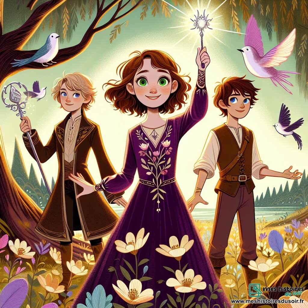 Éléa, une jeune sorcière de douze ans, se tient au centre d'une clairière, ses cheveux bruns flottant au vent. Ses yeux verts brillent d'excitation alors qu'elle brandit un sceptre d'argent lumineux. Elle porte une robe en velours violet ornée de motifs de fleurs de lune. À ses côtés, Lucas, quinze ans, aux cheveux roux et admiratif, est prêt à l'aider avec une flamme dans sa main. Clara, douze ans, entourée d'oiseaux colorés, sourit joyeusement, prête à invoquer la nature. La scène se déroule dans une clairière enchantée, dominée par un immense arbre scintillant, avec des fleurs de lune blanches illuminant le sol. Ensemble, Éléa, Lucas et Clara unissent leurs forces pour affronter un sorcier maléfique qui s'approche.