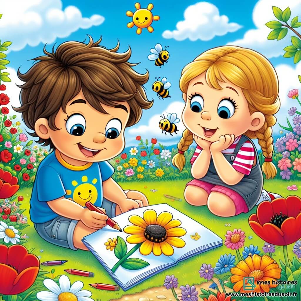 Un petit garçon de 6 ans, Lucas, avec des cheveux bruns en bataille et un grand sourire, porte un t-shirt bleu et un short jaune. Accroupi dans un jardin coloré, il dessine une fleur jaune dans son carnet avec des crayons de couleur. À côté, sa camarade Emma, une fille de 6 ans aux cheveux blonds tressés et en robe rose, observe une abeille butinant une fleur, curieuse. Le jardin est rempli de fleurs éclatantes : tulipes rouges, marguerites blanches et coquelicots, avec des arbres en arrière-plan et un ciel bleu parsemé de nuages blancs. Lucas et Emma explorent la beauté de la nature au printemps.