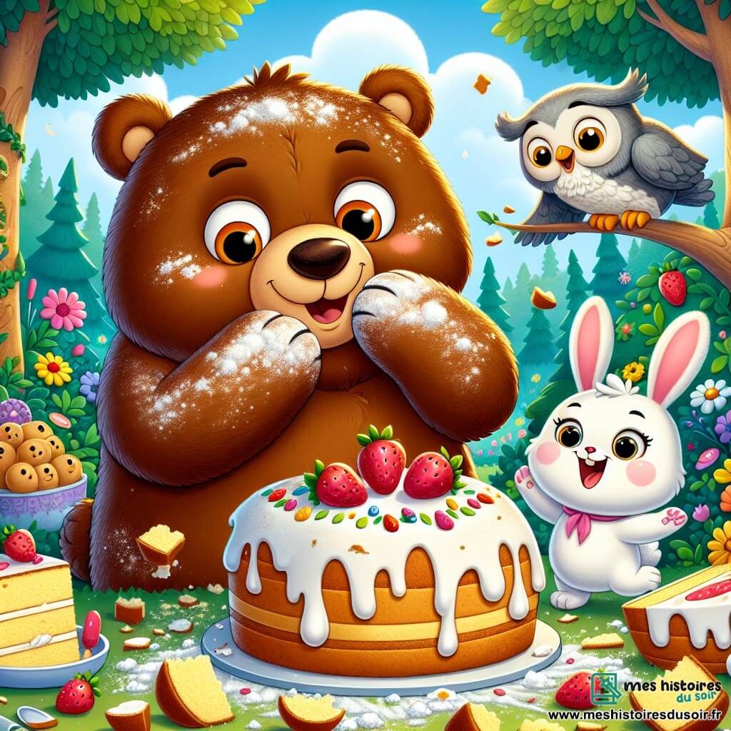 Oscar, un ours brun aux grands yeux ronds et au sourire chaleureux, est au centre de l'image, les pattes couvertes de farine et un regard surpris, face à un gâteau géant explosé, projetant des morceaux partout. À sa droite, Lili, une petite lapine blanche joyeuse, rit en tenant une fraise, prête à décorer les morceaux. À gauche, Max, un hibou sage aux plumes grises, observe la scène avec un sourire amusé, perché sur une branche. La scène se déroule dans une forêt enchantée, avec des arbres verdoyants et un ciel bleu. Des éclats de gâteau et des fraises sont éparpillés, créant une ambiance festive. Oscar, Lili et Max, entourés de morceaux de gâteau, rient ensemble et se préparent à organiser une fête pour leurs amis, transformant un désastre en célébration joyeuse.