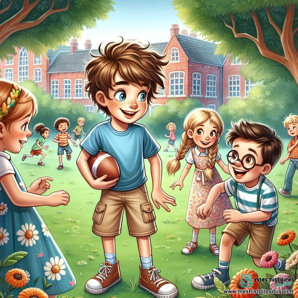 Un garçon de 11 ans, Lucas, se tient au centre de l'image, avec des cheveux bruns en bataille et des yeux pétillants. Il porte un t-shirt bleu et un short beige, affichant une expression d'excitation mêlée à un léger stress, alors qu'il raconte une histoire à ses amis. À sa droite, Clara, une fille de 11 ans avec de longs cheveux blonds tressés et une robe à fleurs, l'écoute avec curiosité. À sa gauche, Maxime, un garçon de 12 ans aux cheveux châtains et lunettes rondes, sourit, tenant un ballon de foot. La scène se déroule dans la cour d'une école, entourée de grands arbres et de fleurs colorées, avec un bâtiment scolaire en briques rouges en arrière-plan. Lucas raconte une aventure qu'il n'a jamais vécue, captivant ses amis sans qu'ils ne réalisent qu'il ment.