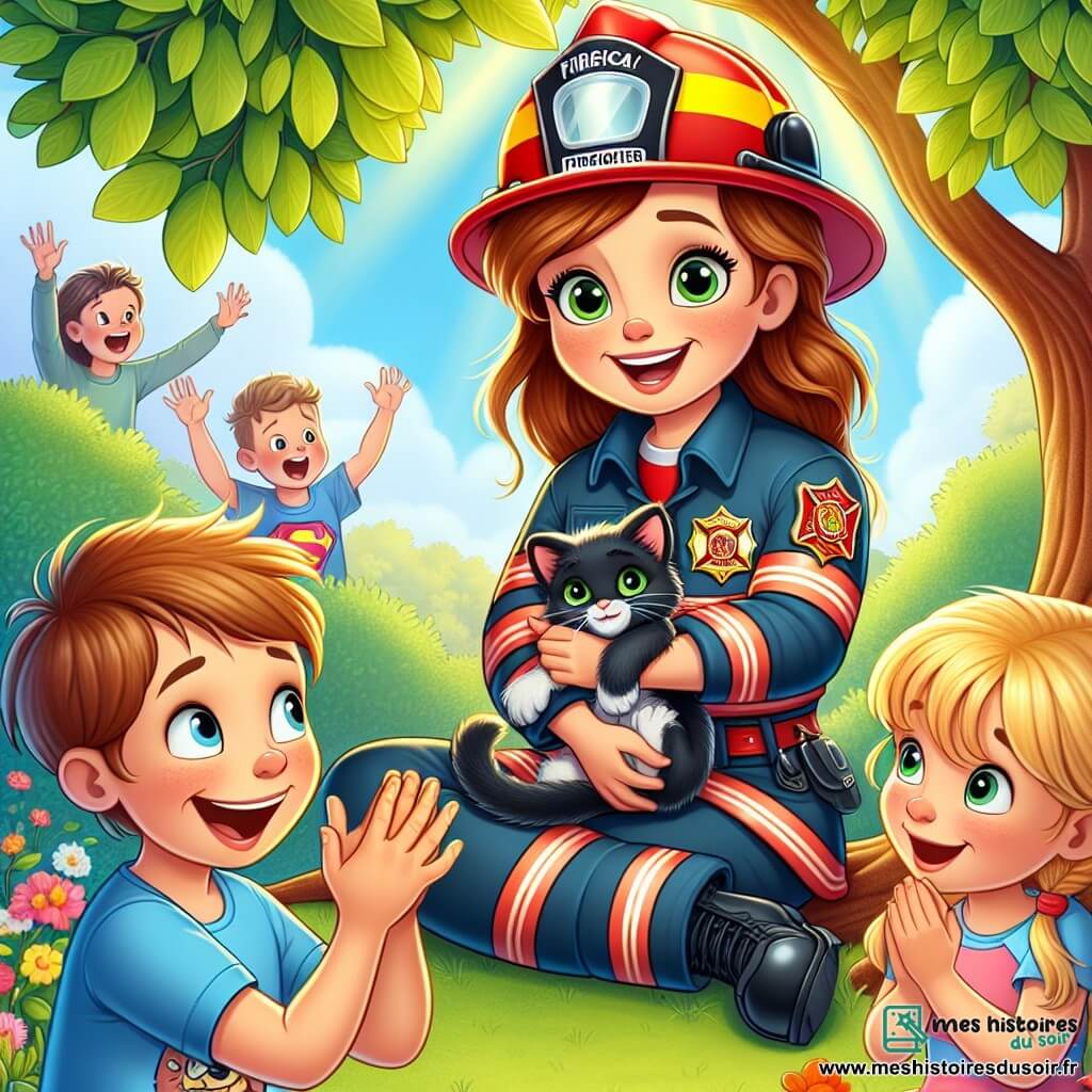 Clara, une femme pompier courageuse, est perchée dans un arbre avec un grand sourire. Elle porte un uniforme rouge et noir, un casque brillant et a des cheveux châtains en queue de cheval. Dans ses bras, elle tient un petit chaton noir aux yeux verts, soulagé d'avoir été sauvé. Lucas, un garçon d'environ 8 ans avec des cheveux bruns en bataille et un t-shirt bleu de super-héros, l'observe émerveillé et applaudit. Emma, une petite fille de 7 ans avec des couettes blondes, s'approche en souriant, tenant un badge de pompier que Clara lui a donné. La scène se déroule dans un parc ensoleillé, autour d'un grand arbre vert, avec des fleurs colorées et une petite foule admirant le sauvetage. Clara sauve le chaton, tandis que les enfants et les adultes applaudissent, créant une ambiance joyeuse et héroïque.