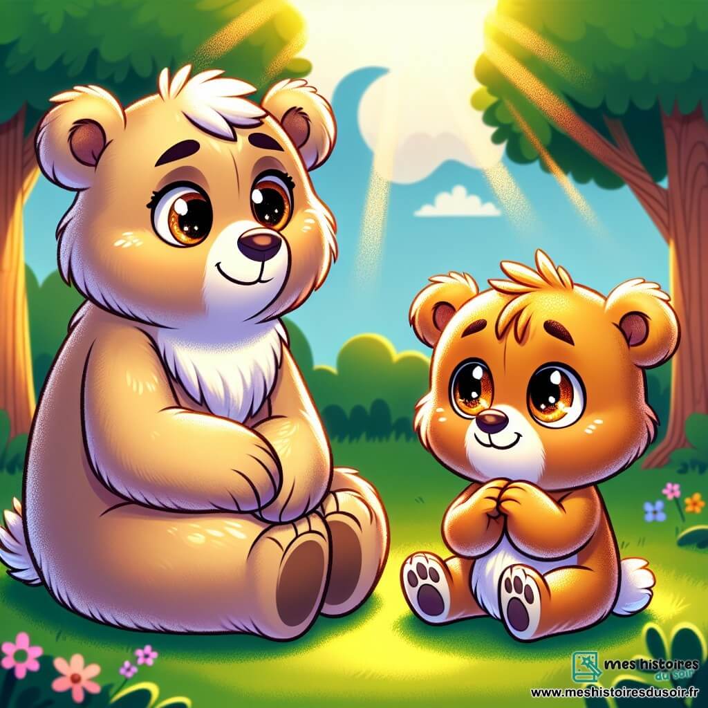 Illustration d'un jeune ours brun doré, aux yeux malicieux et au sourire timide, assis sur un tapis d'herbe verte, regardant ses parents avec espoir. Sa maman, une ourse au pelage soyeux, a une expression douce mais préoccupée, tenant une petite fleur. Son papa, un ours robuste à la fourrure plus foncée, est pensif et triste, regardant son fils avec tendresse. La scène se déroule dans une clairière ensoleillée, entourée d'arbres majestueux, avec des rayons de soleil créant des motifs dorés au sol. La famille ours discute de leurs émotions dans une atmosphère chaleureuse et réconfortante, avec des couleurs douces et une lumière apaisante. Des fleurs colorées, des papillons et un ciel bleu clair symbolisent l'espoir et la joie retrouvée.