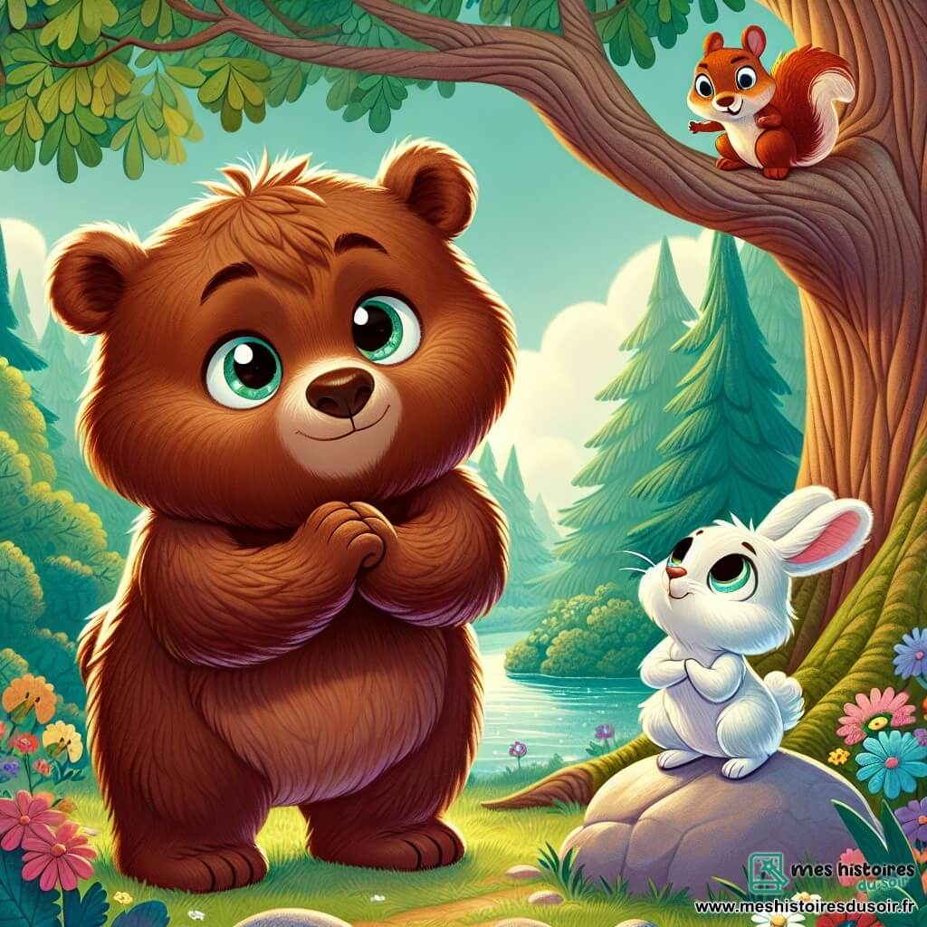 Un jeune ours nommé Grizz, au pelage brun doux et aux yeux curieux, se tient au centre, prêt à s'excuser auprès de ses amis. À ses côtés, Loulou, un petit lapin blanc aux grandes oreilles, l'observe avec encouragement et inquiétude. Non loin, Timmy, un écureuil espiègle à la fourrure rousse, grimpe sur une branche avec un sourire encourageant. La scène se déroule sous un grand chêne, entourée de fleurs colorées et d'une rivière scintillante, créant une atmosphère paisible. Grizz s'apprête à avouer ses mensonges, tandis que Loulou et Timmy l'écoutent, soulignant l'importance de l'honnêteté et de l'amitié.