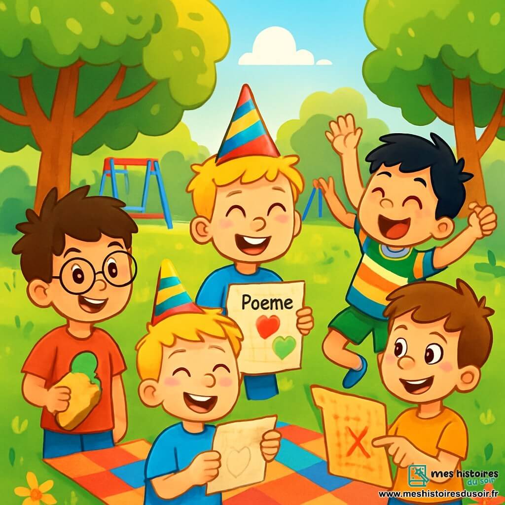 Quatre enfants se trouvent dans un parc verdoyant : Hugo, 8 ans, avec des cheveux bruns en bataille et des lunettes rondes, porte un t-shirt rouge et tient un sandwich ; Léo, 8 ans, avec des cheveux blonds et des taches de rousseur, porte un chapeau coloré et un t-shirt bleu, souriant avec un poème ; Max, 8 ans, aux cheveux noirs et énergique, est en short vert et t-shirt à rayures, sautant de joie près d'une couverture de pique-nique ; Tom, 8 ans, avec des cheveux châtains et un sourire malicieux, porte un t-shirt orange et montre un indice de chasse au trésor. Le parc est baigné de lumière dorée, avec de grands arbres et une couverture colorée entourée de fleurs. Les enfants, réunis autour de la couverture, rient et s'amusent en célébrant la fête des pères avec un pique-nique et une chasse au trésor, leurs visages rayonnant de joie et d'excitation.