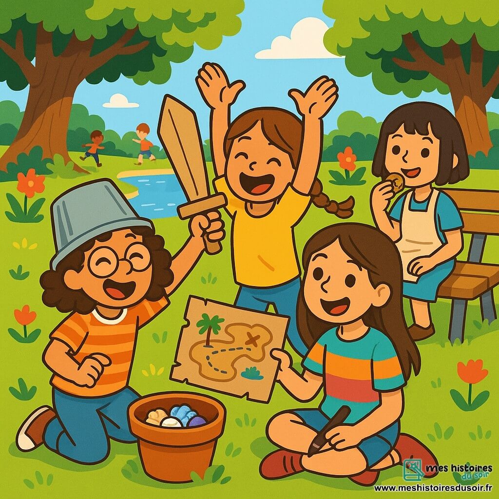 Quatre enfants sont réunis dans un parc ensoleillé. Lila, 9 ans, a des cheveux bouclés et porte un chapeau de pirate fait maison, tenant une épée en carton. Zoé, 10 ans, dessine une carte au trésor sur un vieux carton, assise dans l'herbe. Emma, 9 ans, imite un singe à côté de Lila, tandis que Chloé, 10 ans, grignote un cookie sur un banc, observant ses amies. Les quatre amies sont en pleine chasse au trésor, riant en découvrant des coquillages en plastique dans un pot de fleurs, créant une ambiance joyeuse et amicale.
