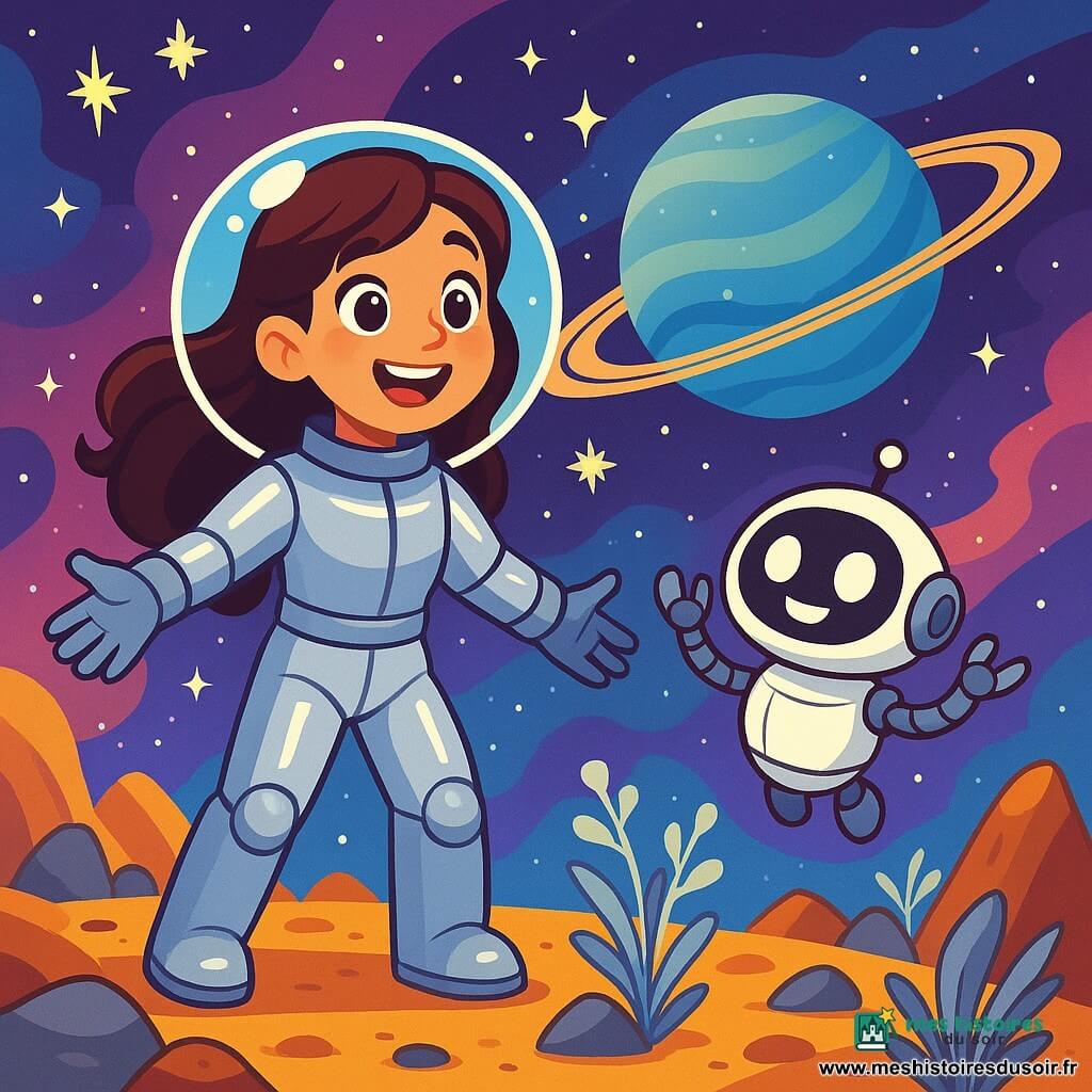 Luna, une femme aux cheveux longs et ondulés, porte une combinaison spatiale argentée. Son visage exprime excitation et curiosité, avec des yeux qui reflètent les étoiles. Elle se tient devant une planète mystérieuse, les bras ouverts, prête à explorer. À ses côtés, Pip, un petit robot aux yeux ronds, flotte joyeusement, émettant des cliquetis. Le décor est une vue spectaculaire de l'espace, avec des étoiles scintillantes et une planète bleue-verte entourée d'anneaux. Luna et Pip découvrent la planète, entourés de pierres chantantes et de plantes argentées dansant au vent, avec une expression d'émerveillement sur le visage de Luna et Pip agitant joyeusement.