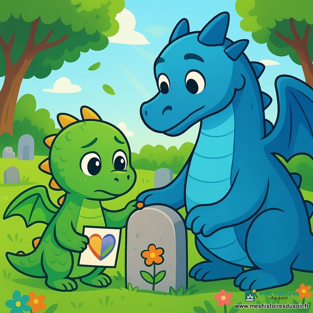 Un petit dragon vert nommé Nori se tient devant une pierre tombale simple, affichant une douce mélancolie. Il tient un dessin en forme de cœur dans ses pattes. À ses côtés, son papa, un grand dragon bleu, pose une patte réconfortante sur son épaule. Ils regardent ensemble la pierre dans un cimetière paisible, entouré d'arbres et de fleurs, sous un ciel bleu clair. Nori dépose une fleur sur la pierre en mémoire de sa mamie, tandis que le vent fait danser les feuilles, créant une atmosphère calme et réconfortante.