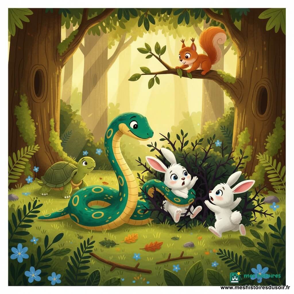 Saphir, serpent aux écailles vert émeraude et motifs dorés, s'enroule délicatement autour de Lilou, petite lapine blanche au pelage duveteux, pour la tirer hors d'un buisson d'épines pendant que Flocon, son frère anxieux, saute à côté en agitant les pattes et que Timmy, jeune écureuil roux, grimpe sur une branche pour dégager l'entrée; Lola, tortue sage à la carapace verte, veille prête à pousser une branche dans une clairière du Val des Murmures aux chênes moussus, fougères et rayons de soleil dorés, ambiance chaleureuse, solidaire et couleurs vives.