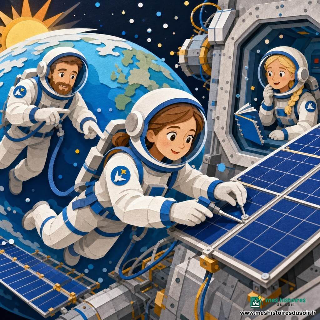 Femme astronaute principale souriante et concentrée, cheveux brun clair sous le casque, combinaison blanche et bleue avec patchs, flottant et touchant délicatement un panneau solaire avec un outil ; homme astronaute (±35 ans) derrière, teint clair, barbe courte, tenue assortie, tenant une corde de sécurité et pointant une vis ; jeune femme astronaute (±26 ans) aux cheveux blonds en tresse, casque posé à côté, depuis le sas vitré elle observe avec un carnet flottant ; extérieur d’une grande station spatiale aux surfaces métalliques et panneaux solaires brillants, énorme Terre en arrière-plan, étoiles et halo solaire ; sortie spatiale d’inspection, gestes précis, bulles d’air stylisées comme confettis, composition claire, couleurs vives et textures en papier superposé.