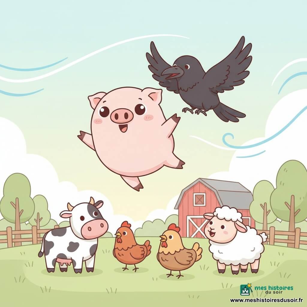 Un petit cochon rose pâle, rond et dodu, aux grands yeux brillants et joues roses, plane doucement les pattes écartées; un corbeau noir au plumage lustré et au bec courbé vole légèrement au-dessus et derrière, ailes mi-ouvertes pour l’accompagner; au sol, une vache tachetée, une poule rousse et un mouton blanc, regroupés près d’une barrière en bois, regardent surpris et ravis; décor : champ verdoyant au lever du jour avec herbe en petites touffes, une grange rouge en arrière-plan, quelques arbres aux feuilles rondes et des traits suggérant le vent; palette pastel, contours épurés et ombres légères; scène centrée, lisible et douce, destinée aux enfants.
