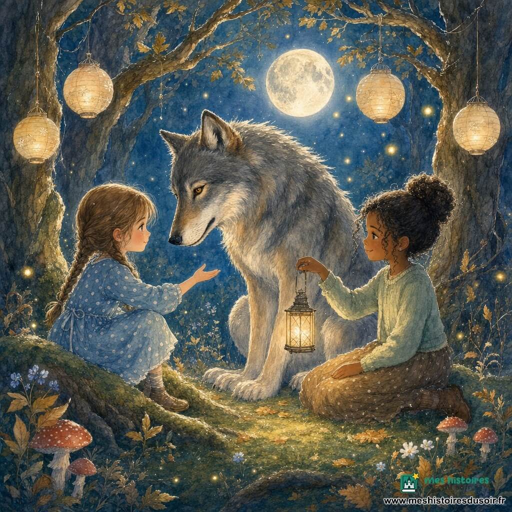 Trois personnages dans une clairière nocturne : Camille, 8 ans, cheveux châtain clair en tresses, robe bleue à pois, assise à gauche sur une racine mousseuse et tendant la main vers le loup ; Léa, 8 ans, cheveux noirs bouclés en chignon, pull vert clair et jupe brune, assise à droite, souriante et tenant une petite lanterne entre elles ; un loup mâle adulte, grand, fourrure gris argenté avec touches rousses et yeux ambre, assis face aux filles, légèrement courbé et la tête inclinée pour paraître moins imposant. La scène se déroule dans une clairière au cœur de la forêt, sol couvert de mousse émeraude et feuilles dorées, grands chênes autour, lanternes en papier aux branches, fleurs et champignons au premier plan, lune pleine en arrière-plan et lucioles dans l'air. Moment de première rencontre apaisée : les filles présentent le loup au village en lui tendant la main, ambiance chaleureuse et calme, éclairage doux en contre-jour, composition centrée et intime avec palette pastel et contrastes d'ambre et de bleu nuit.