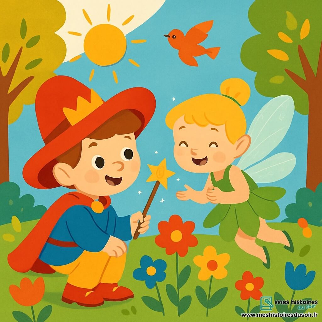 Un petit prince nommé Max, âgé d'environ 6 ans, porte un grand chapeau rouge et des chaussures brillantes. Il est accroupi, tenant une baguette magique scintillante, entouré de fleurs colorées. À ses côtés, une petite fée nommée Clochette, âgée de 5 ans, avec des ailes translucides et une robe en pétales de fleurs, flotte légèrement au-dessus du sol. Le jardin magique est rempli de fleurs dansantes, de grands arbres aux feuilles dorées et d'oiseaux chantants sous un ciel bleu éclatant. Max et Clochette célèbrent la découverte de la baguette magique, riant ensemble dans ce jardin féerique.