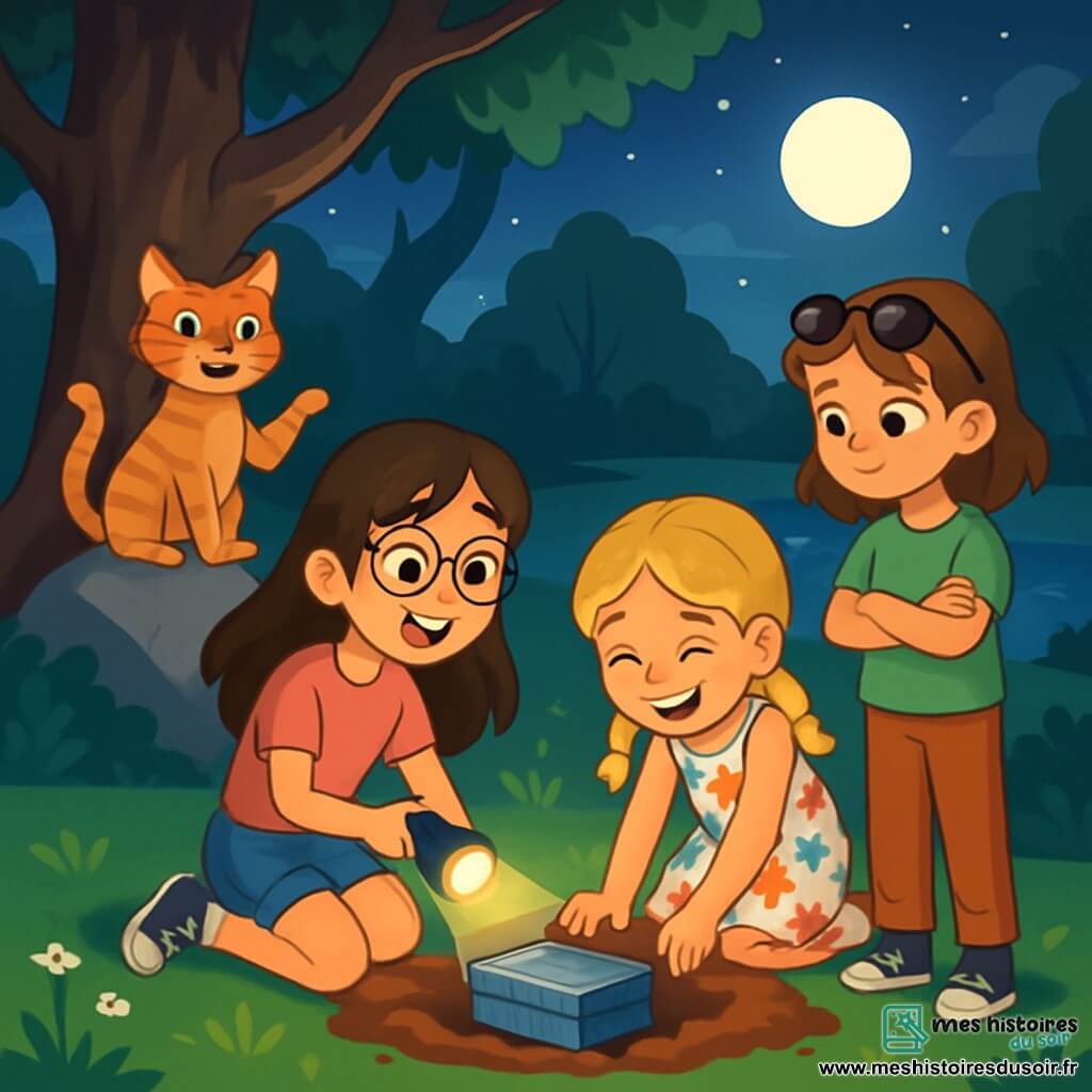 Quatre personnages sont présents : Lucie, 10 ans, avec de longs cheveux bruns et des lunettes rondes, porte un t-shirt rose et un short en jean, assise sur l'herbe avec une lampe de poche, les yeux brillants d'excitation. Emma, 9 ans, a des cheveux blonds en tresses et porte une robe à fleurs, creuse dans le sol à côté de Lucie. Chloé, 10 ans, avec des cheveux châtains et des lunettes de soleil sur la tête, porte un t-shirt vert et un pantalon de survêtement, debout avec les bras croisés, observant une boîte en métal déterrée. Biscuit, un chat tigré aux yeux verts, se tient sur un rocher, comme s'il dirigeait l'expédition. L'action se déroule dans un parc nocturne éclairé par la lune, avec des arbres grands et feuillus, de l'herbe verte parsemée de fleurs blanches, et un étang scintillant au loin. Les filles sont en pleine chasse au trésor autour d'un vieux chêne, prêtes à découvrir un trésor caché, tandis que Biscuit les observe malicieusement.