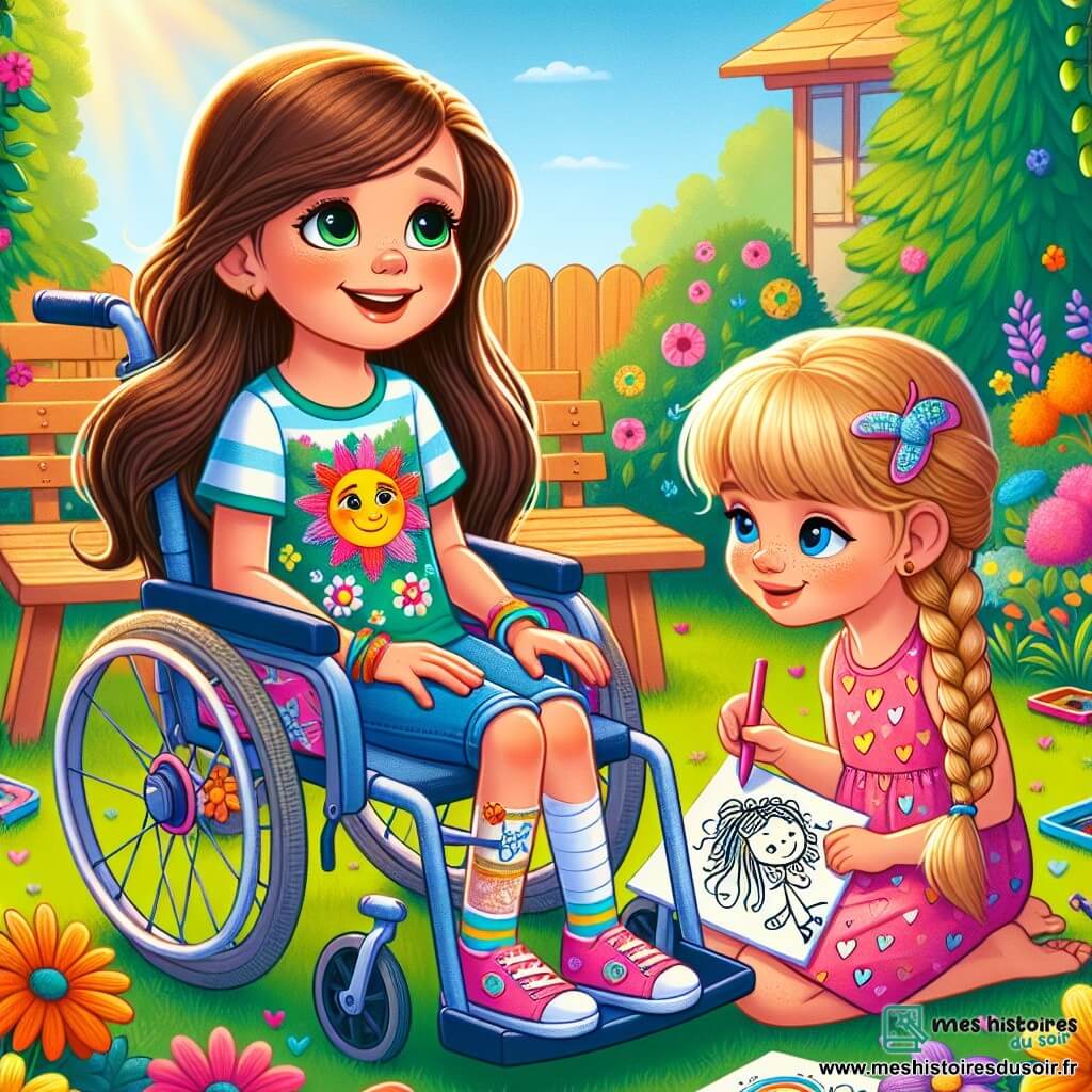 Léa, une fille de 10 ans, est assise dans son fauteuil roulant, souriante. Elle a de longs cheveux bruns et porte un t-shirt coloré avec des fleurs et un short en jean. Elle tient un dessin d'un soleil souriant, symbole d'amitié. À côté d'elle, sa petite sœur Emma, 5 ans, avec des cheveux blonds en tresses et une robe rose à cœurs, dessine en l'admirant. Leur jardin est rempli de fleurs multicolores et d'arbres, avec un ciel bleu. Léa explique à ses amis comment elle vit avec sa maladie, captivant son auditoire.