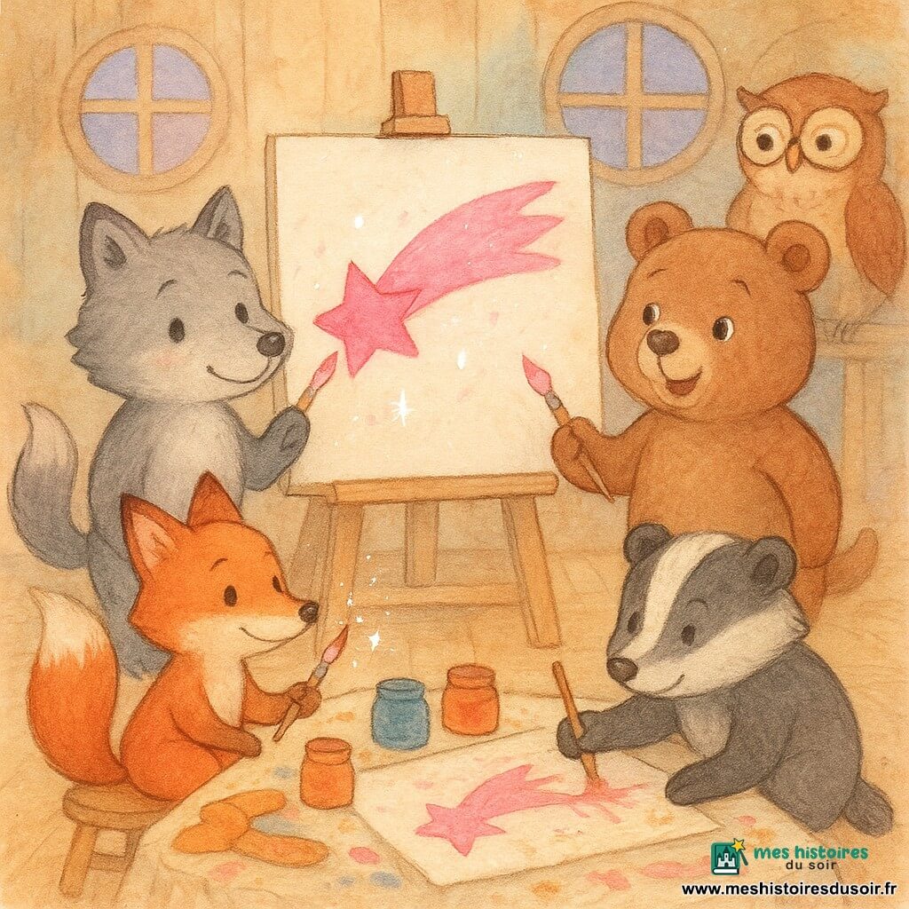 Loupin, un petit loup gris aux yeux ronds, tient un pinceau taché de rose et montre une grande comète rose peinte sur un panneau, sa queue remuant doucement ; Patapouf, un jeune ours brun large et joyeux, ajoute la traîne rose avec son pinceau, Paillette, une renarde rousse malicieuse, peint des étincelles blanches depuis un tabouret à gauche, Brindille, le blaireau tacheté, trace des branches brunes accroupi près des pots, et Madame Hibouette, la maîtresse chouette aux grandes lunettes, observe bienveillante à l'arrière-plan dans une salle de classe en bois clair aux fenêtres rondes et ciel violet du soir, nappe et pots de peinture colorés éparpillés ; ambiance chaleureuse, collaborative et joyeuse, gestes précis et traces de pinceau visibles.