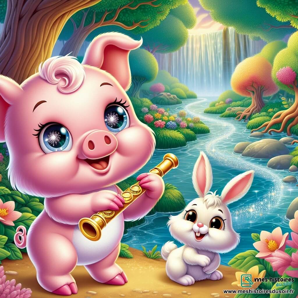 Un petit cochon rose nommé Coquin, avec de grands yeux pétillants et un sourire joyeux, se tient près d'une rivière scintillante, tenant une flûte dorée. À ses côtés, un lapin doux nommé Frimousse, aux longues oreilles et aux poils blancs, admire Coquin, prêt à l'aider à faire chanter la rivière. Le décor est une forêt enchantée avec des arbres majestueux, des fleurs colorées et une rivière cristalline. Coquin et Frimousse sont concentrés et joyeux, essayant de faire résonner la mélodie de la flûte pour réveiller la chanson de la rivière qui a perdu sa voix.