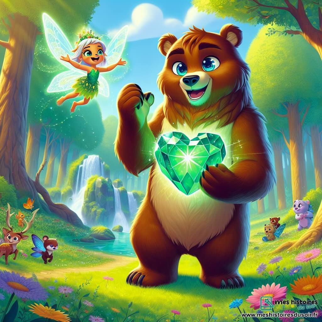 Un ours brun nommé Grizzou, avec une fourrure éclatante et des yeux bleus déterminés, se tient au centre d'une clairière ensoleillée, tenant le Cœur de la Forêt, une pierre précieuse verte pulsant d'énergie. Il exprime courage et fierté, prêt à rassembler ses amis pour protéger leur maison. À ses côtés, une petite fée nommée Luminelle, avec des ailes scintillantes, vole joyeusement, son visage rayonnant d'espoir et d'admiration pour Grizzou, encourageant les autres créatures à se rassembler. La scène se déroule dans une clairière enchantée, entourée d'arbres majestueux, de fleurs colorées et d'un ruisseau murmurant, créant une ambiance de magie. Grizzou proclame son engagement à protéger la forêt, tandis que Luminelle et les autres créatures s'unissent autour de lui, instaurant une atmosphère de solidarité et d'espoir.