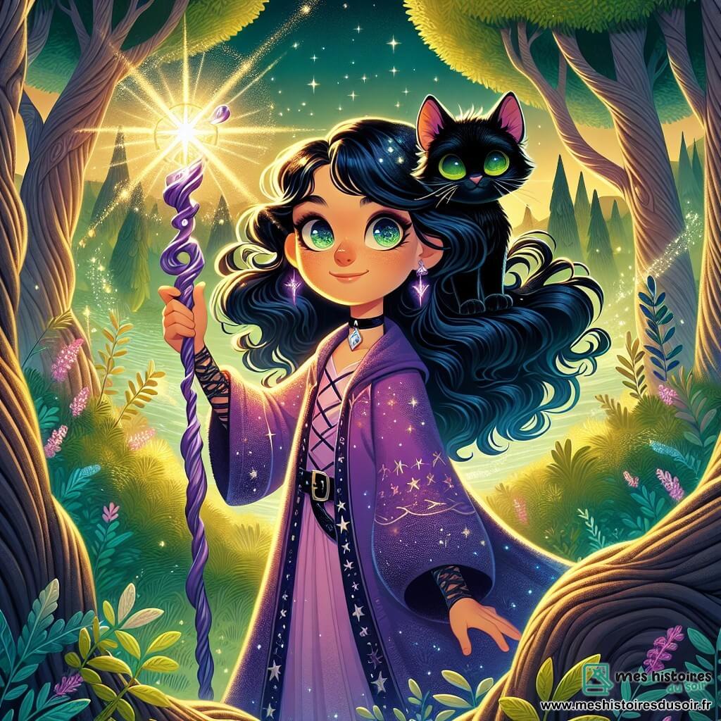Lira, jeune mage aux cheveux noirs, se tient fièrement au sommet d'une colline verdoyante, son visage illuminé par une lumière dorée. Elle porte une robe violette ornée de motifs étoilés et tient un bâton de cristal. À ses côtés, Ébène, un chat noir aux yeux verts, est sur son épaule, observant la scène. En arrière-plan, la Forêt des Murmures s'étend, avec des arbres noueux et des feuilles argentées scintillant sous le soleil couchant. Lira lève la Pierre de l’Aube, une gemme brillante qui chasse les Ombres de la Nuit, illuminant le paysage. La scène est chargée de magie, empreinte d'espoir et de triomphe.