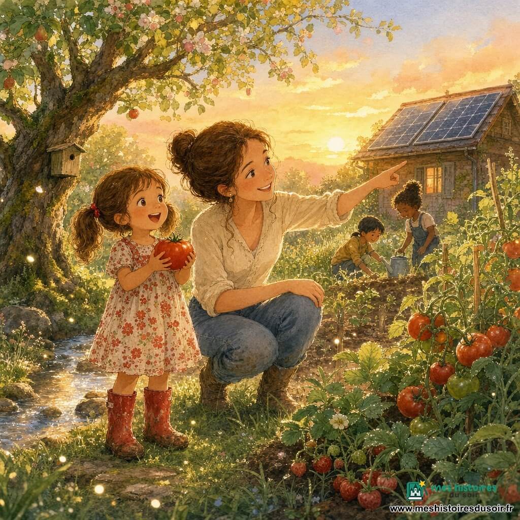 Fille de 6 ans, joyeuse et émerveillée, cheveux châtain clair en couettes, robe à fleurs rouges et bottes rouges boueuses, tenant une grosse tomate qu’elle regarde en souriant ; maman d’environ 35 ans, peau claire, chignon brun, accroupie à côté d’elle et pointant du doigt des panneaux solaires sur le toit d’une petite cabane ; fond : clairière printanière ensoleillée avec herbe et mousse, vieux pommier à gauche, potager de tomates et fraisiers à droite, petit ruisseau scintillant et cabane en bois au fond avec deux panneaux solaires noirs ; ambiance chaleureuse et intime au crépuscule doré, rosée brillante, moment de fierté de l’enfant et d’éducation bienveillante sur la nature et l’énergie.