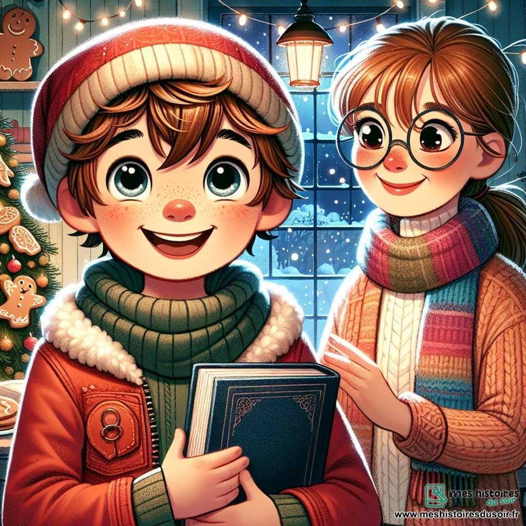 Un garçon de 9 ans, Lucas, avec des cheveux ébouriffés et un grand sourire, se tient au centre de l'image. Il porte une veste rouge et un bonnet en laine, tenant un livre bleu dans ses mains, les yeux brillants d'excitation. À côté de lui, sa maman, Marie, une femme d'environ 35 ans avec des cheveux châtains et des lunettes, regarde le livre avec des larmes de joie. Elle porte un pull en laine et une écharpe colorée, prête à l'enlacer. La scène se déroule dans une cuisine chaleureuse, décorée pour Noël, avec un sapin et des biscuits au gingembre. Lucas offre le livre à sa maman, un moment émouvant symbolisant l'amour et le partage.