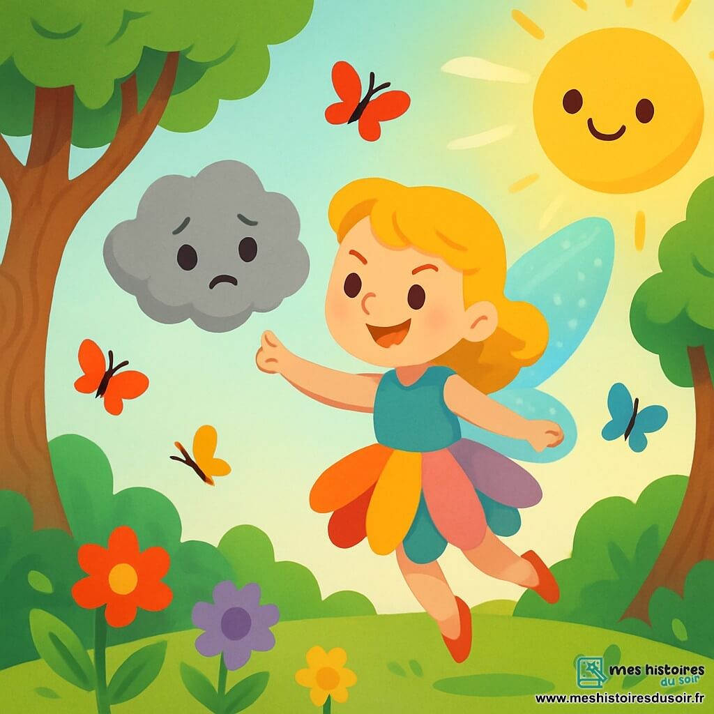 Une petite fée nommée Lila, avec des ailes scintillantes et des cheveux dorés, danse joyeusement dans les airs, vêtue d'une robe en pétales de fleurs multicolores. Son visage exprime enthousiasme et détermination. À ses côtés, un petit nuage gris, triste et perdu, flotte doucement. En arrière-plan, la forêt enchantée est peuplée d'arbres noueux et de fleurs éclatantes sous la lumière du soleil, tandis que des papillons colorés ajoutent de la magie à la scène. Lila guide le nuage vers le ciel avec un sourire encourageant, alors que le soleil perce les nuages, illuminant la forêt d'une douce lumière dorée.