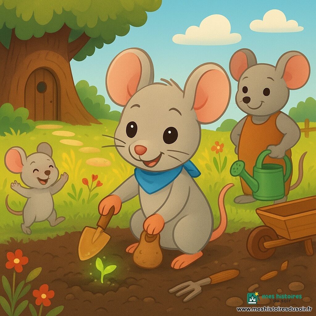 Une petite souris gris clair, écharpe bleue, plante avec fierté une graine magique qui émet un léger éclat verdâtre tandis que, autour d'elle, sa famille — une maman ronde souriante, un petit frère sautillant et un père tenant un arrosoir — l'encourage dans un champ doré devant une maisonnette creusée dans un arbre, entre herbes et fleurs sauvages, sol riche parsemé de racines et cailloux et outils miniatures à proximité, atmosphère chaleureuse et pleine d'espoir.