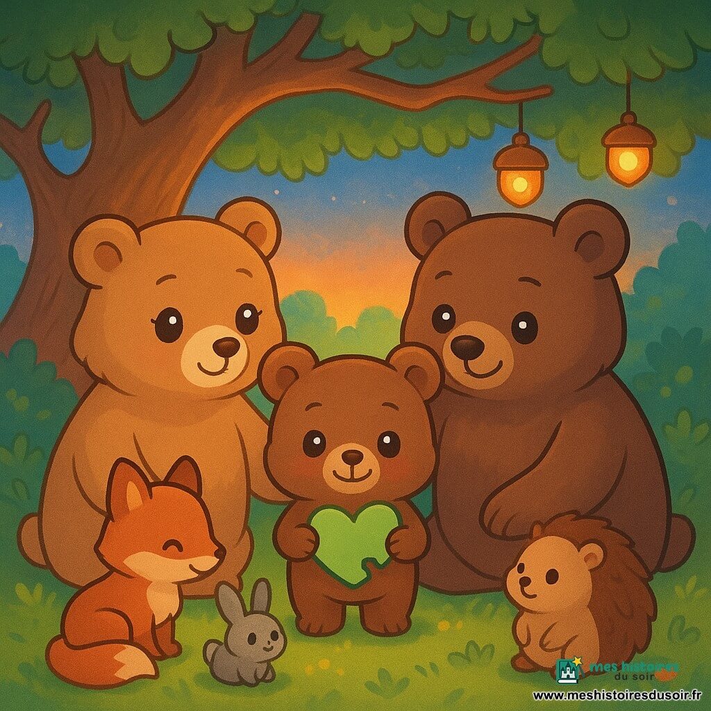 Noisette, un petit ours brun au museau rond, se tient au centre de la clairière, arborant un sourire timide mais fier. Il tient une pièce de puzzle vert tendre en forme de cœur. À sa droite, Maman Ourse, une grande ourse douce au pelage brun clair, le regarde avec bienveillance et encouragement. À sa gauche, Léo, un grand ours au pelage plus foncé, sourit chaleureusement, une patte sur l'épaule de Noisette. Autour d'eux, la clairière est illuminée par des lanternes faites de noisettes creusées, avec des animaux de la forêt assis en cercle, écoutant attentivement. Le vieux chêne au centre, avec ses branches étendues comme des bras protecteurs, ajoute une touche magique à la scène. Les couleurs sont vives et joyeuses, avec des nuances de vert, d'orange et de bleu, créant une atmosphère accueillante et pleine de diversité.