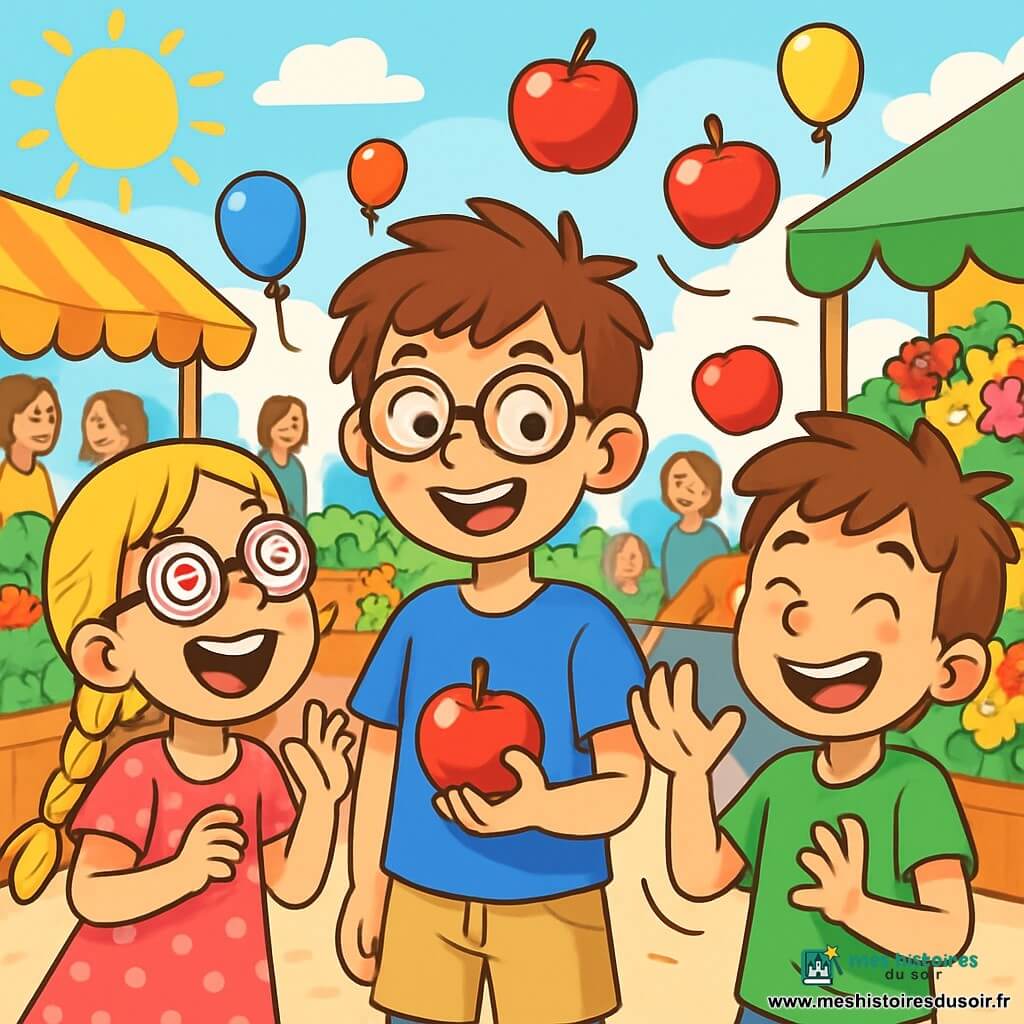 Il y a trois personnages : Léo, un garçon de 10 ans avec des cheveux bruns en bataille et des lunettes rondes, souriant au centre avec une pomme à la main ; Zoé, une fille de 7 ans aux longs cheveux blonds tressés, riant à gauche de Léo avec des lunettes déformantes ; et Max, un garçon de 9 ans avec des cheveux châtains, jonglant maladroitement avec des pommes à droite de Léo. L'action se déroule dans un marché animé, rempli d'étals colorés et de gens souriants. Les trois amis sont en pleine bataille de pommes, riant et lançant des fruits, illustrant l'esprit de l'amitié et de l'amusement.