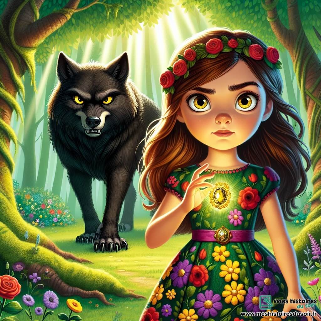 Au centre de l'image, Élodie, une fille de 12 ans, se tient courageusement devant un grand méchant loup. Elle a de longs cheveux bruns, des yeux curieux et porte une robe colorée à fleurs. Son expression déterminée mélange peur et bravoure, tandis qu'elle tient une amulette brillante. À côté d'elle, le loup, avec son pelage noir et ses yeux jaunes, se tient en retrait, affichant une posture imposante mais un regard respectueux. Le décor est une forêt enchantée avec des arbres noueux et des feuilles vertes, illuminé par des rayons de soleil. Élodie défie le loup, prête à résoudre ses énigmes pour protéger son village, créant une atmosphère chargée de tension et d'excitation.