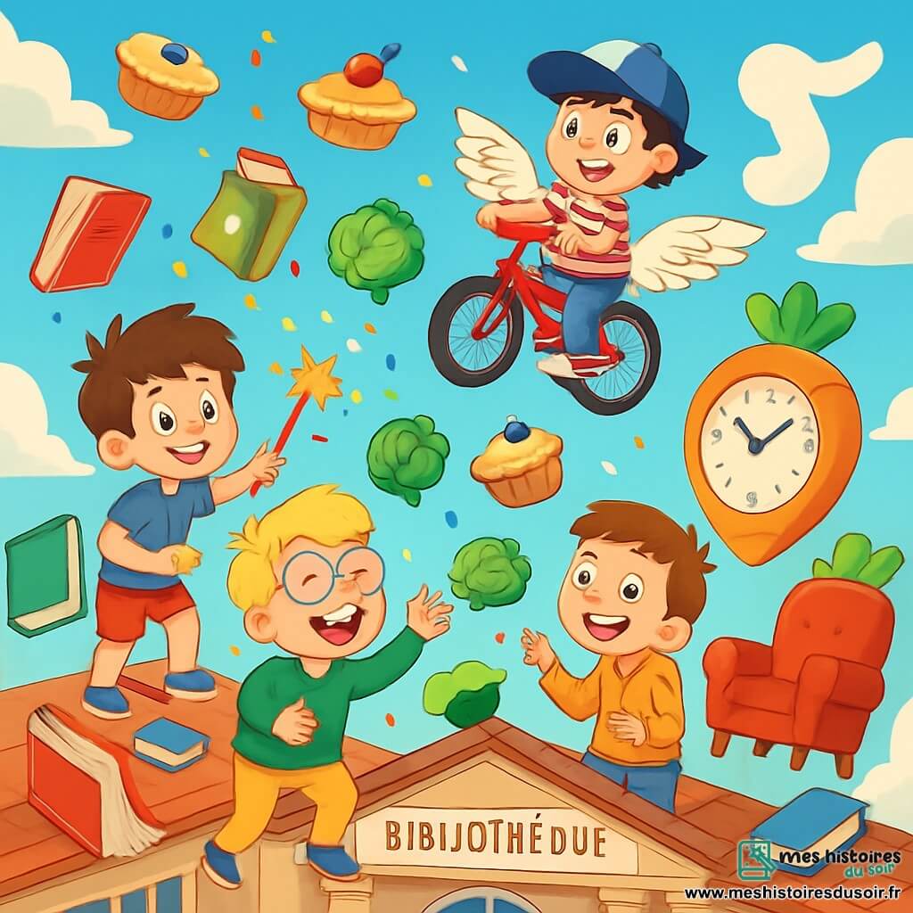 Quatre enfants s'amusent sur le toit d'une bibliothèque municipale. Timéo, 9 ans, cheveux bruns, t-shirt bleu et short rouge, tient une baguette magique dorée lançant des confettis. Mathis, 8 ans, cheveux blonds et lunettes rondes, rit en essayant d'attraper un chou dansant. Hugo, 9 ans, cheveux noirs sous une casquette à l'envers, est accroché à son vélo-volant. Nolan, 8 ans, cheveux châtains et sweat à capuche orange, pointe un nuage en forme de chaussette. Le ciel est bleu, avec des nuages moelleux et une horloge en forme de carotte. Des tartes et cupcakes tombent du plafond, créant une ambiance joyeuse. Les enfants rient en essayant d'attraper des choux dansants, entourés de livres chantants et de fauteuils sautants, tandis que des confettis volent dans l'air.