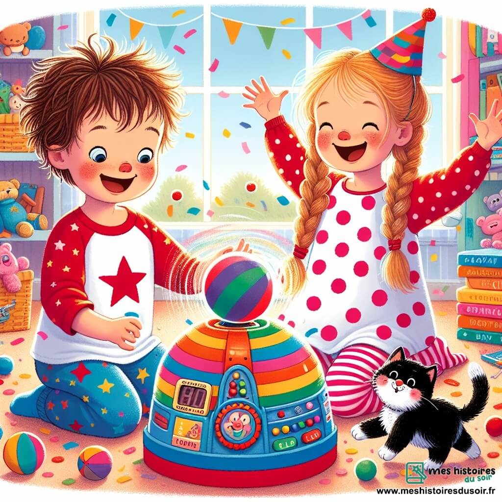 Léo, un petit garçon de 3 ans aux cheveux bruns en bataille et aux yeux malicieux, est assis par terre dans sa chambre. Il porte un t-shirt rouge à étoiles et un short bleu, riant à la vue de sa machine à rire colorée avec des boutons multicolores. À côté, sa sœur Chloé, 5 ans, avec de longs cheveux blonds tressés et une robe rose à pois blancs, se prépare à appuyer sur un bouton. Leur chat Moustache, noir avec des taches blanches, danse sur le tapis avec un chapeau de clown. La chambre est lumineuse, remplie de jouets et de confettis flottants, créant une ambiance festive. Léo et Chloé s'amusent avec la machine à rire, tandis que Moustache essaie d'attraper un ballon de baudruche, ajoutant de la magie à leur aventure joyeuse.