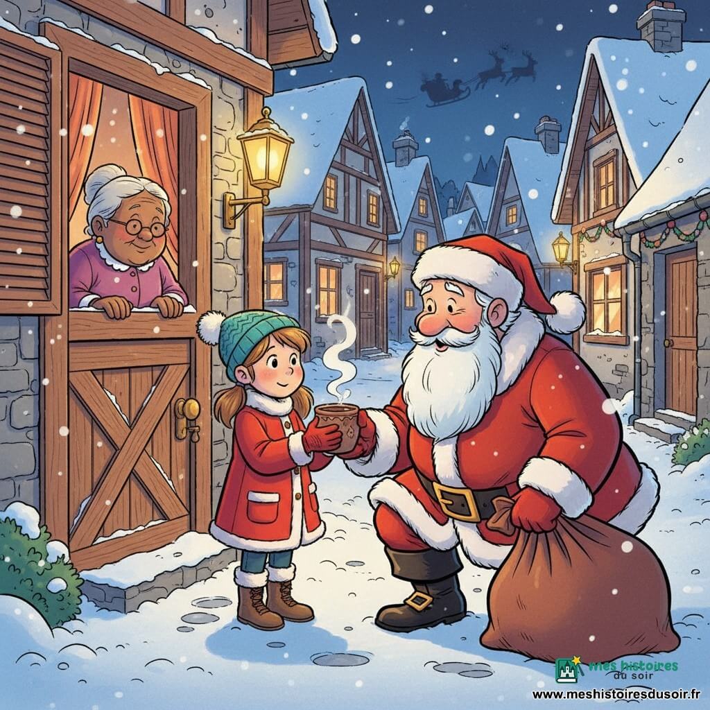 Léa, 8 ans, timide et émerveillée, cheveux châtain clair en couettes, manteau rouge, bonnet à pompon et gants, tend une tasse de chocolat sur le pas d’une porte enneigée; à sa droite le Père Noël, homme d’environ 60 ans, grand et rond, veste rouge bordée de fourrure, longue barbe blanche, yeux rieurs et hotte brun-rouge, s’agenouille pour lui répondre avec tendresse; en arrière-plan une vieille dame d’environ 70 ans sourit depuis une fenêtre éclairée à gauche. Le décor : une ruelle de village enneigée la nuit, maisons en bois et pierre, toits couverts de neige, lampadaires dorés, traces de pas, guirlandes aux fenêtres, flocons tombant et traîneau avec rennes esquissés dans le ciel étoilé. Style graphique : lignes claires, contrastes chauds sur bleu profond, textures de laine et fourrure détaillées, visages ronds et lisibles, atmosphère cosy et féerique.